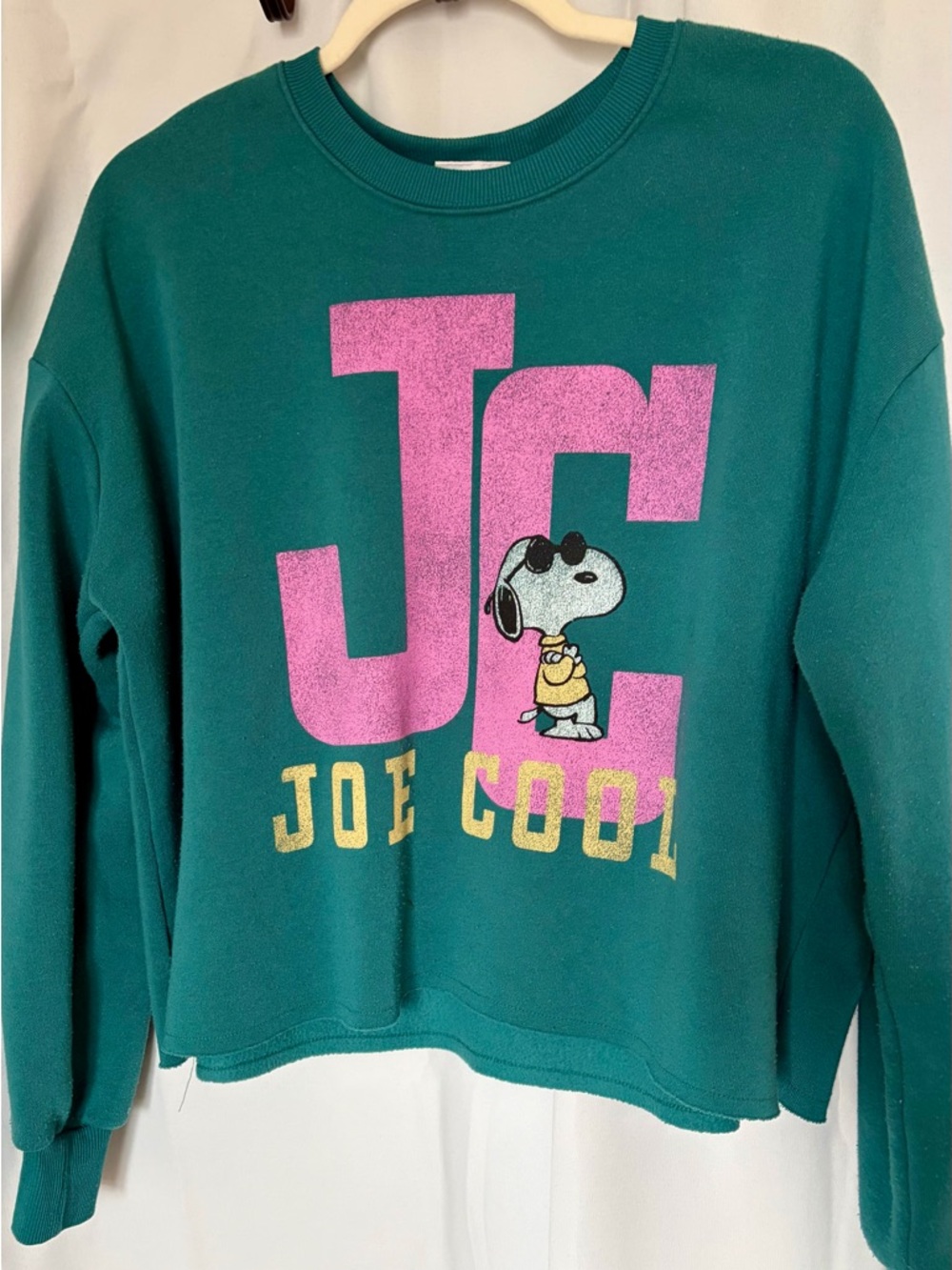 Peanuts Snoopy Cropped Teal Sweatshirt with Pink JC and Yellow Joe Cool Graphic